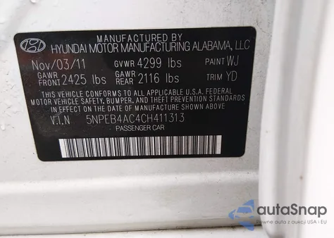 2012 Hyundai Sonata Gls z USA, uszkodzony, nr VIN 5NPEB4AC4CH411313